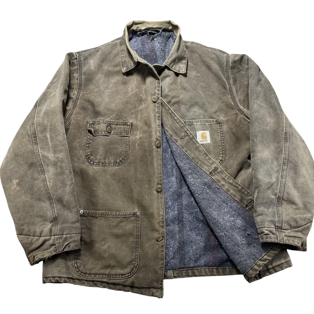 VTG Carhartt Jacket Mens XL Brown Canvas Blanket Lined Chore Workwear Coat Read